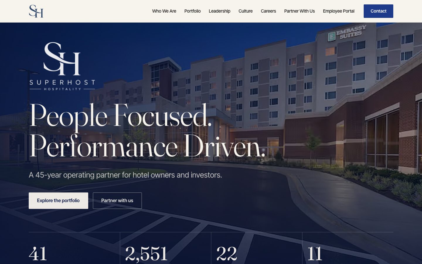 The Superhost Hospitality homepage built by SHAI Studio, with a night photograph of an Embassy Suites hotel behind the headline People Focused, Performance Driven